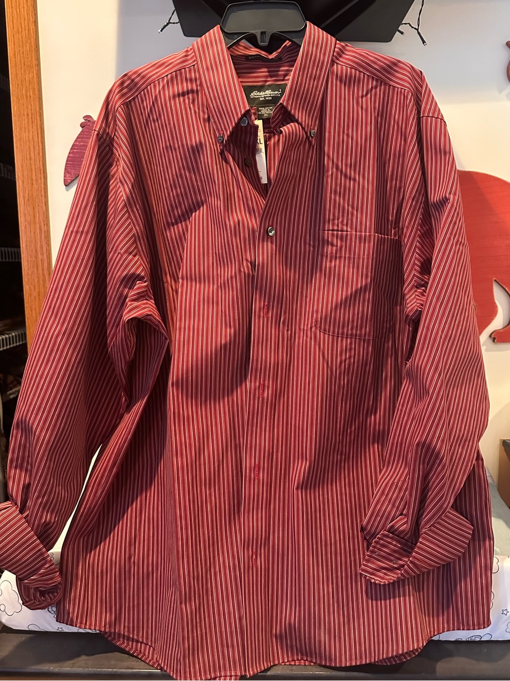 Eddie Bauer Men's Burgundy and White Striped Dress Shirt